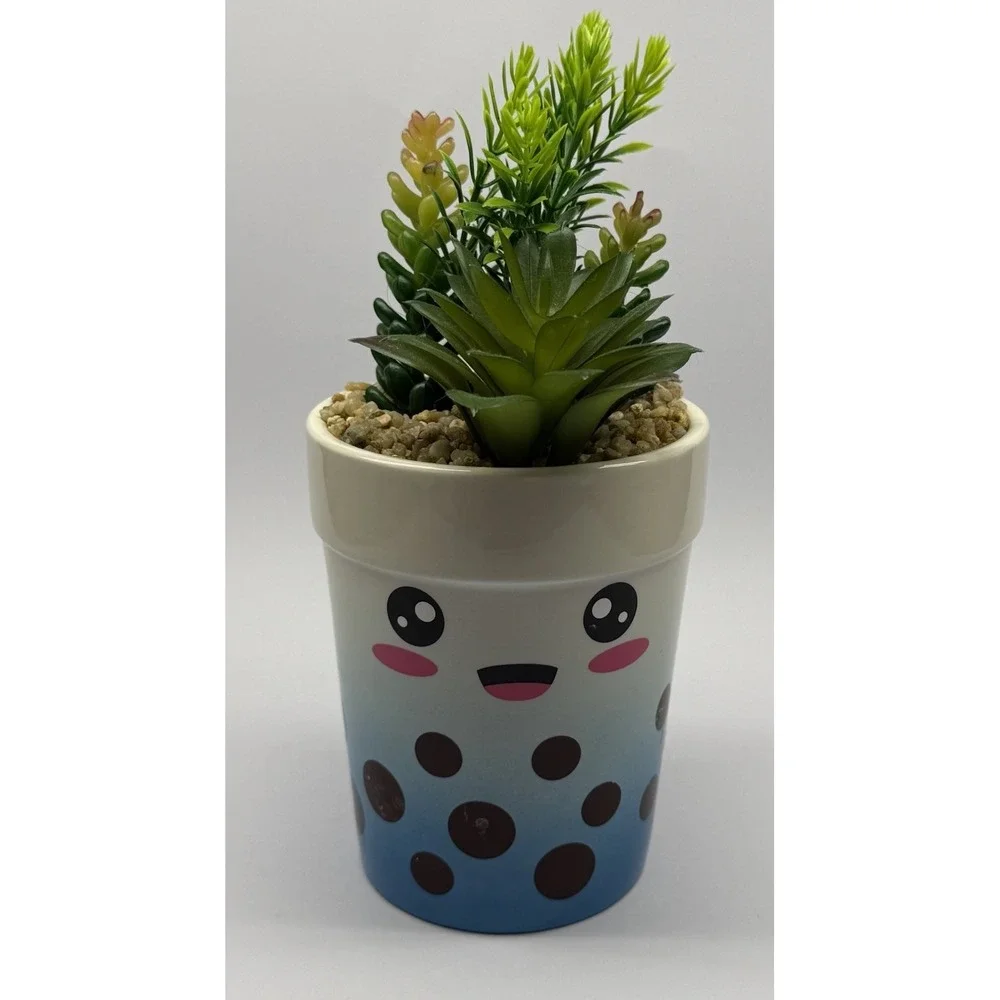 Boba Faux Plant Blue Kawaii Ceramic Succulent Arrangement 4in X 13in